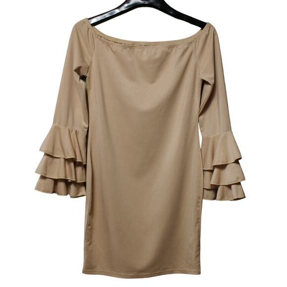 Shein Beige Tan Off the Shoulder Ruffle Sleeve Mini Dress ~ size 8/10, Pre-Loved - Picture 3 of 6